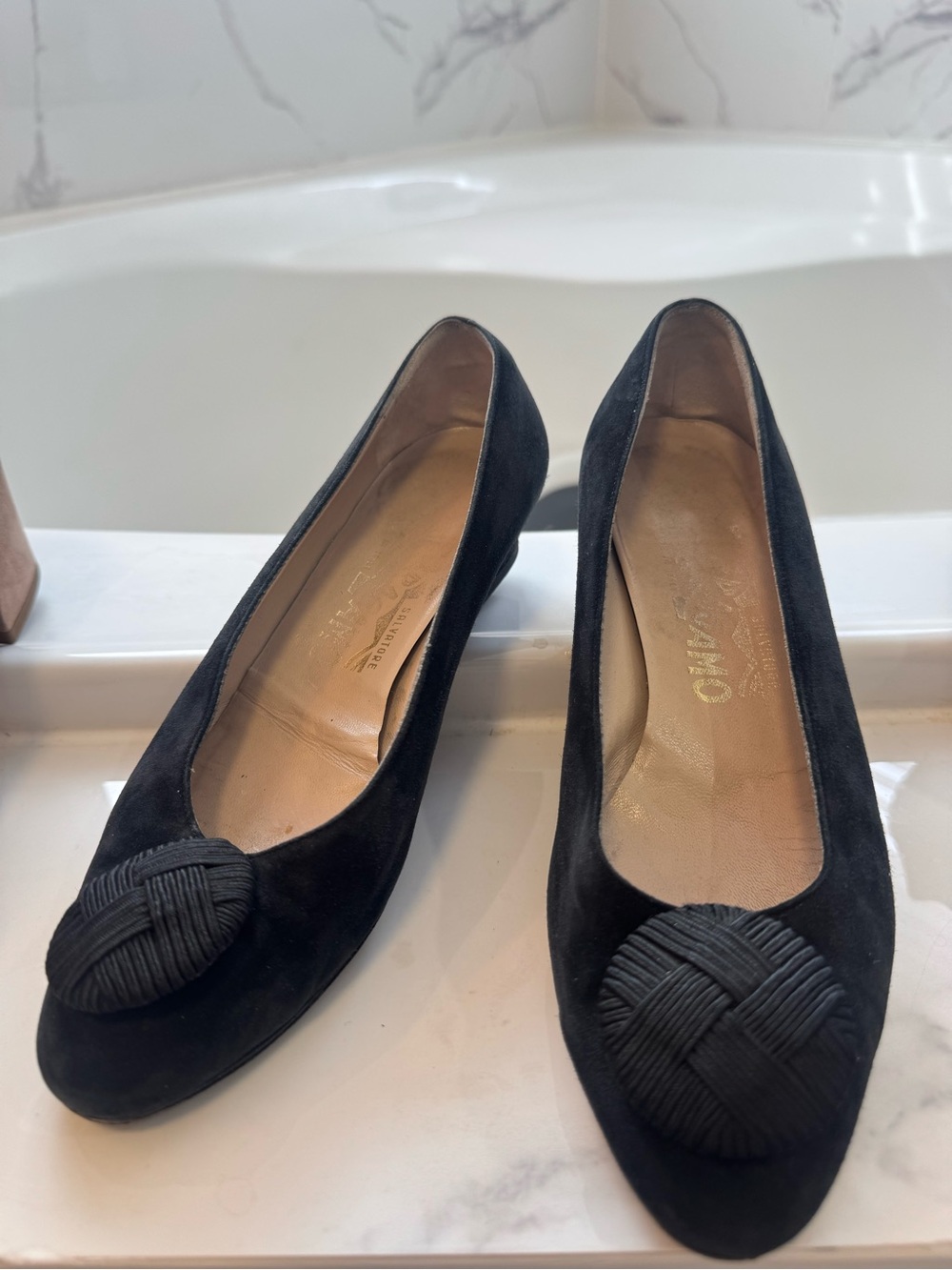 Salvatore Ferragamo Black Suede Round-Toe Pumps with Woven Rosette